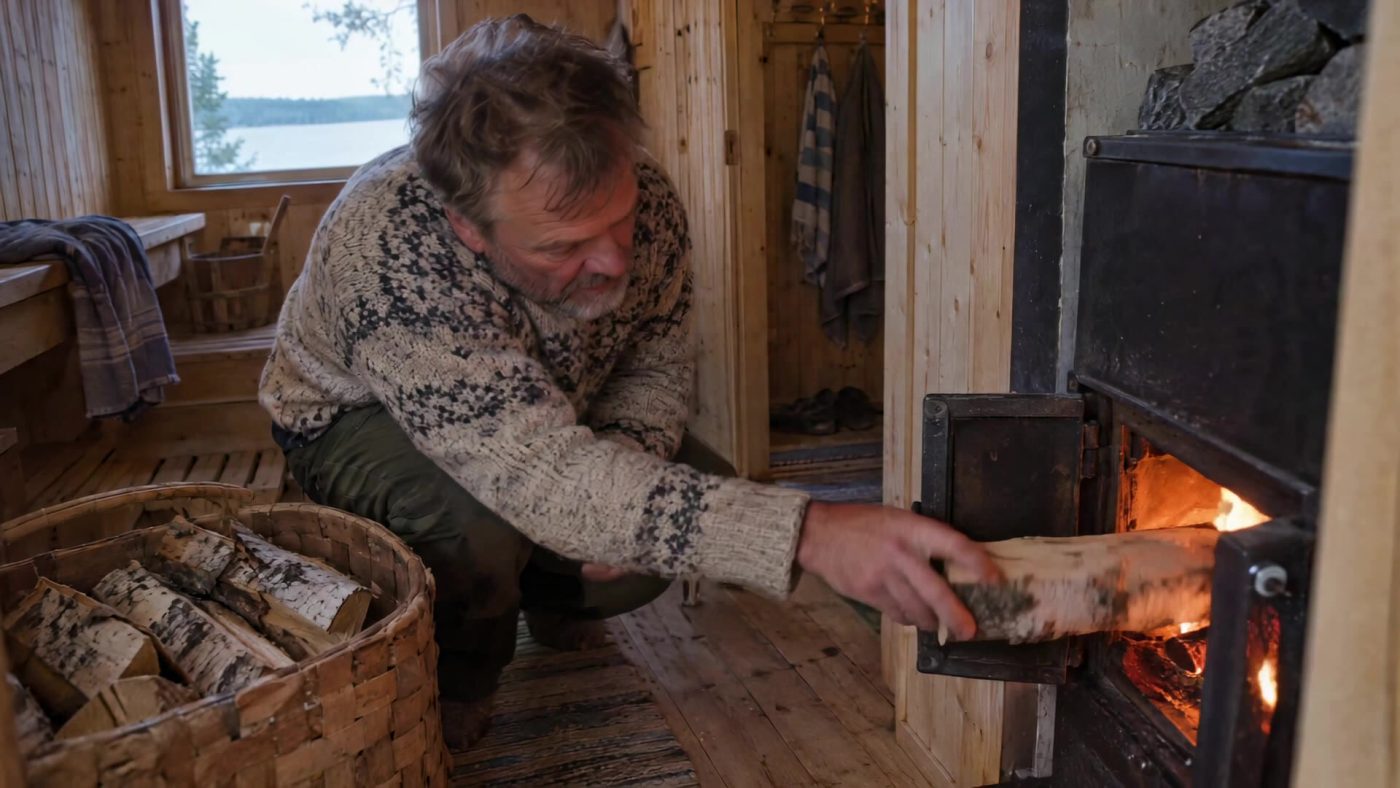 Man lägger in björkved i en vedeldad bastukamin