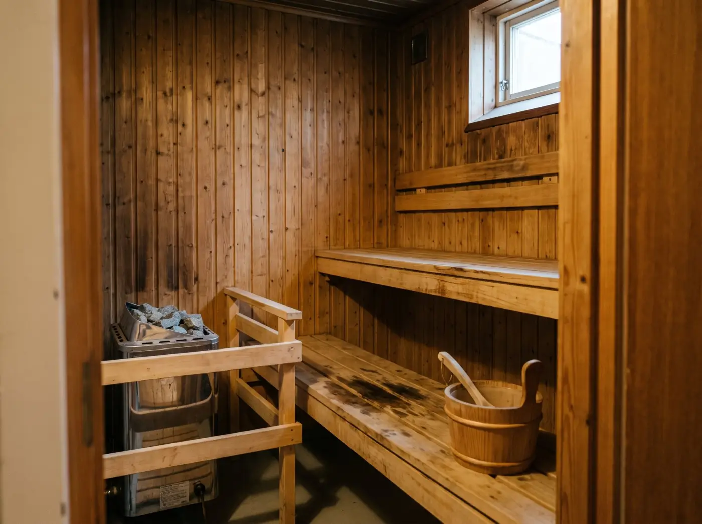 Liten bastu i en källare med lavar i ljust trä och ett källarfönster